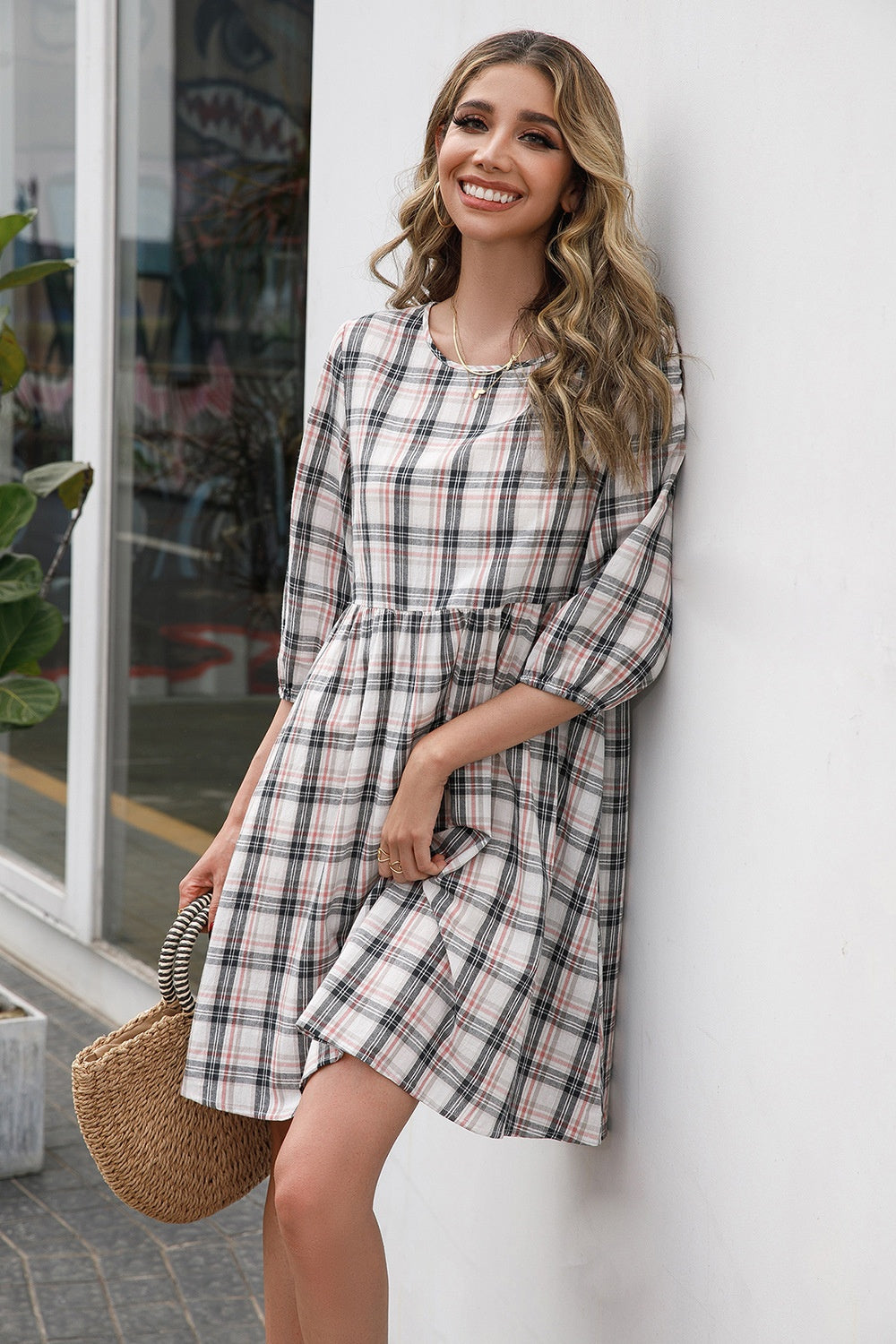 Ivy Lane Plaid Round Neck Mini Dress