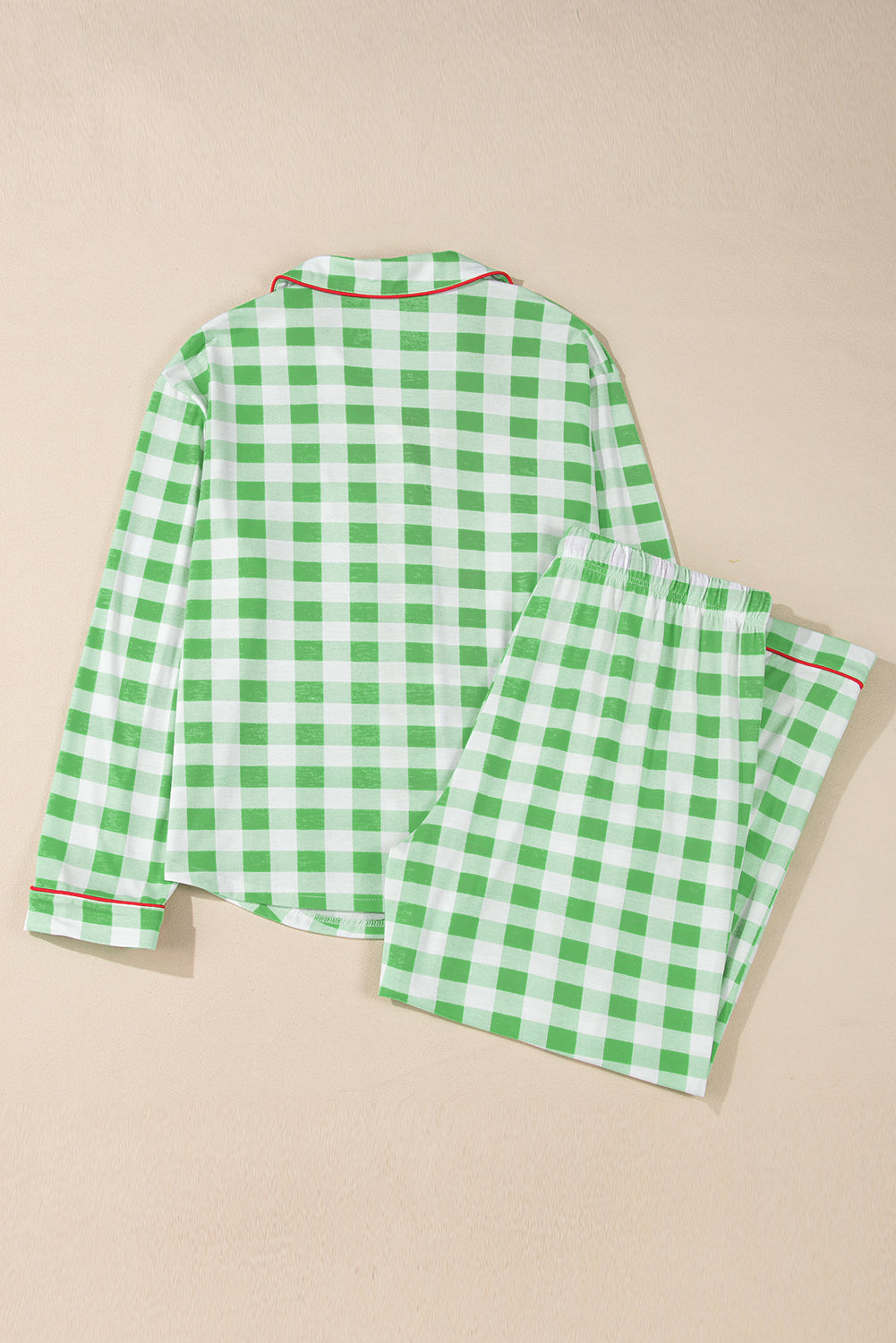 Green Plaid Print Piping Trim Long Sleeve Plus Size Pajama Set