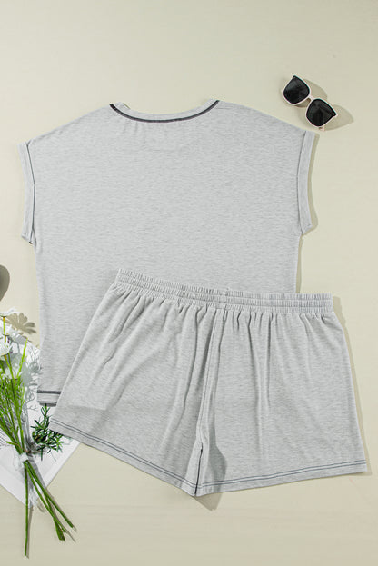 Gray Contrast Stitching Plus Cuffed Sleeve Tee and Shorts Set