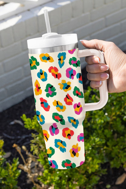 White Leopard Print Handle Stainless Tumbler 40oz