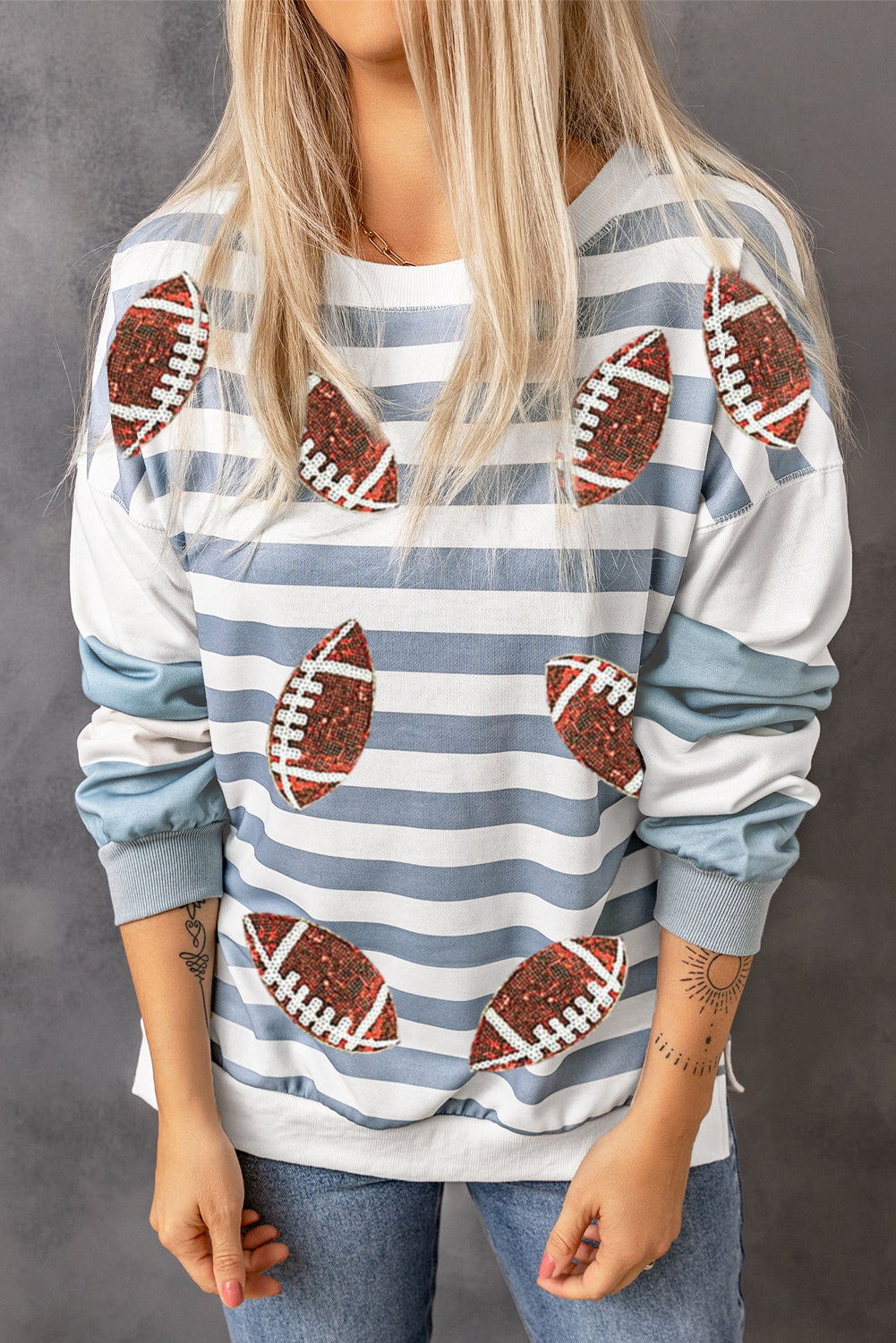 Stripe Sequined Rugby Graphic Round Neck Sweatshirt