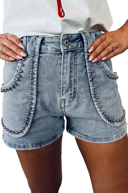 Dusk Blue Studded Acid Wash Denim Shorts