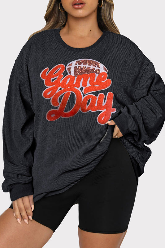 Black Textured Game Day Chenille Sequin Rugby Graphic Plus Size Sweatshirt