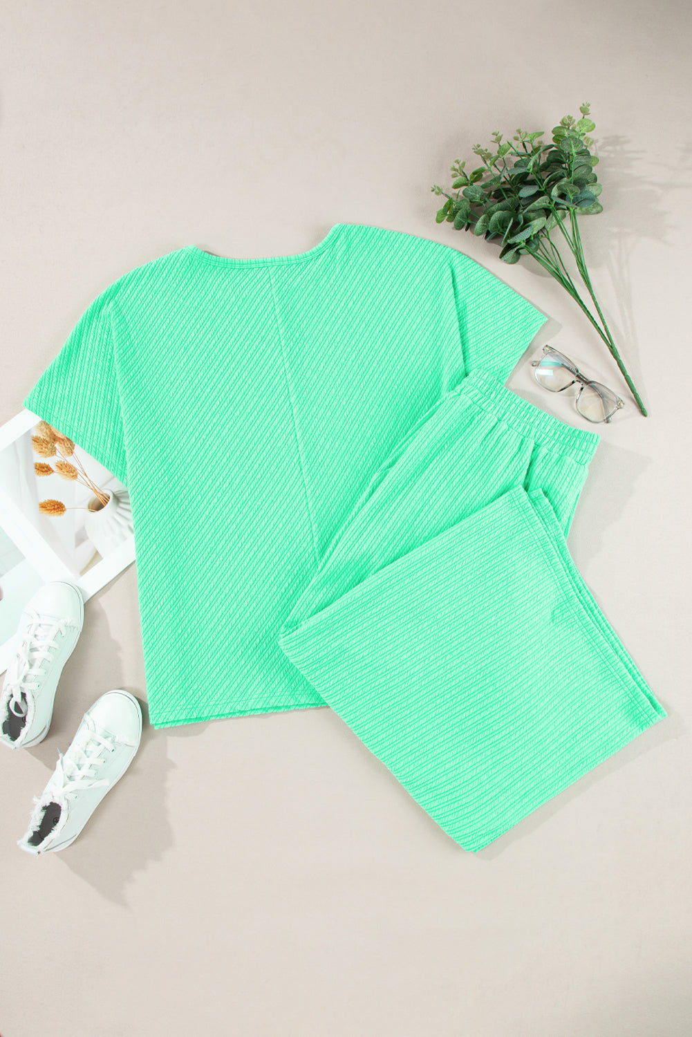 Mint Green Textured Batwing Sleeve Tee & Wide Leg Pants Plus Size Set