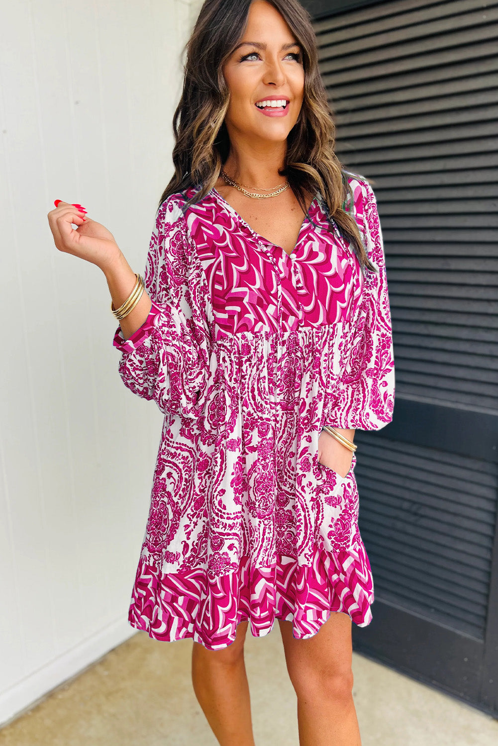 Rose Bohemian Print Lantern Sleeve V Neck Flared Mini Dress