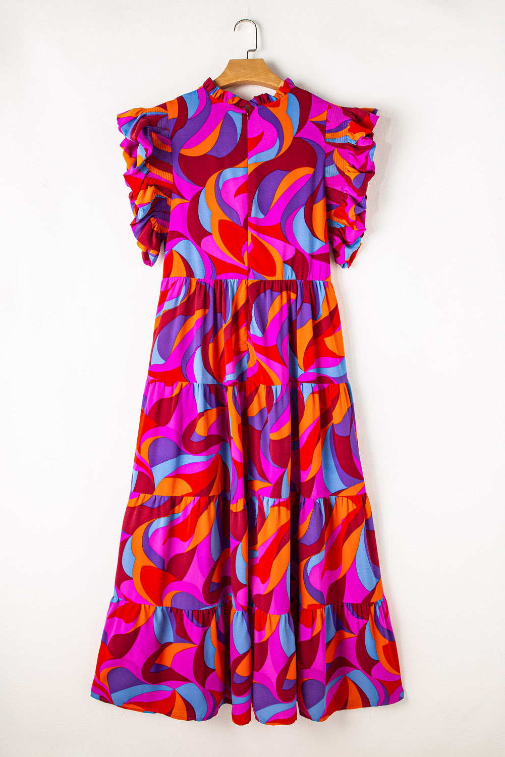 Multicolour Plus Abstract Print Frill Mock Neck Tiered Maxi Dress