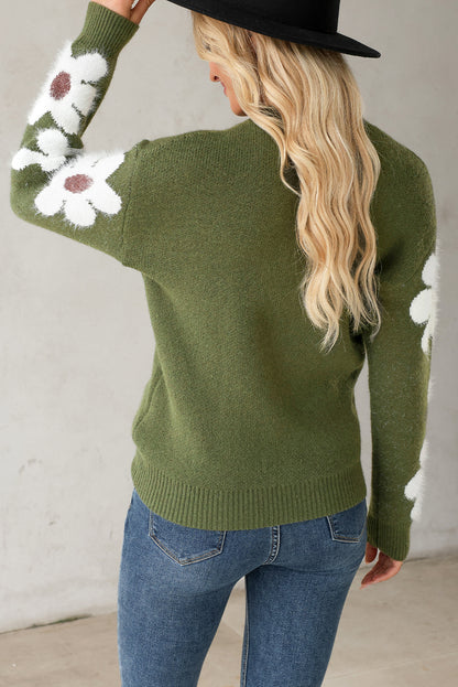 Moss Green Flower Drop Shoulder Sleeve Sweater