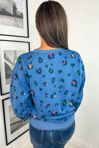 Sky Blue Leopard Drop Shoulder Plus Size Sweatshirt