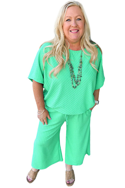 Mint Green Textured Batwing Sleeve Tee & Wide Leg Pants Plus Size Set