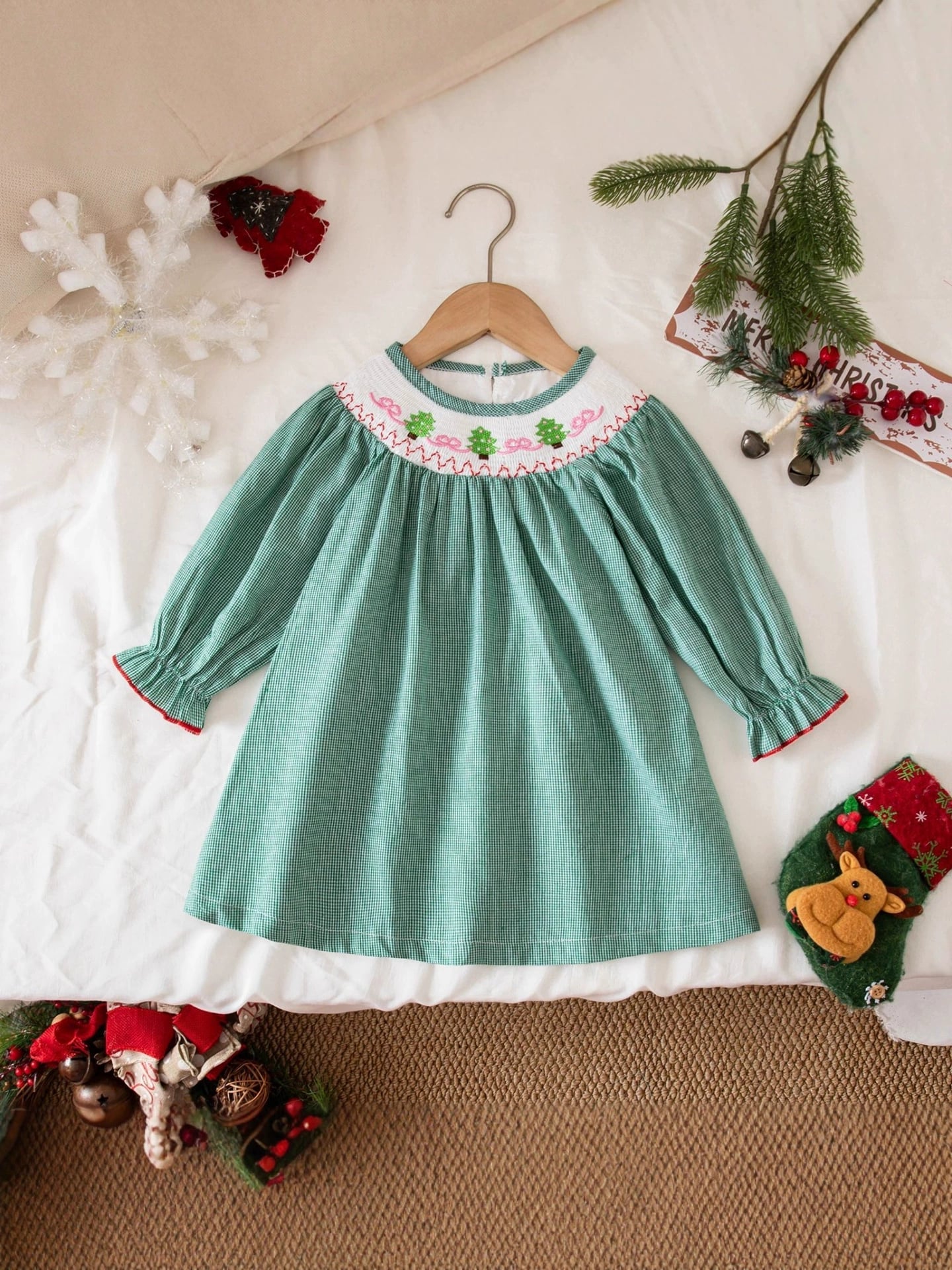 Christmas Tree Bows Smocked Dress