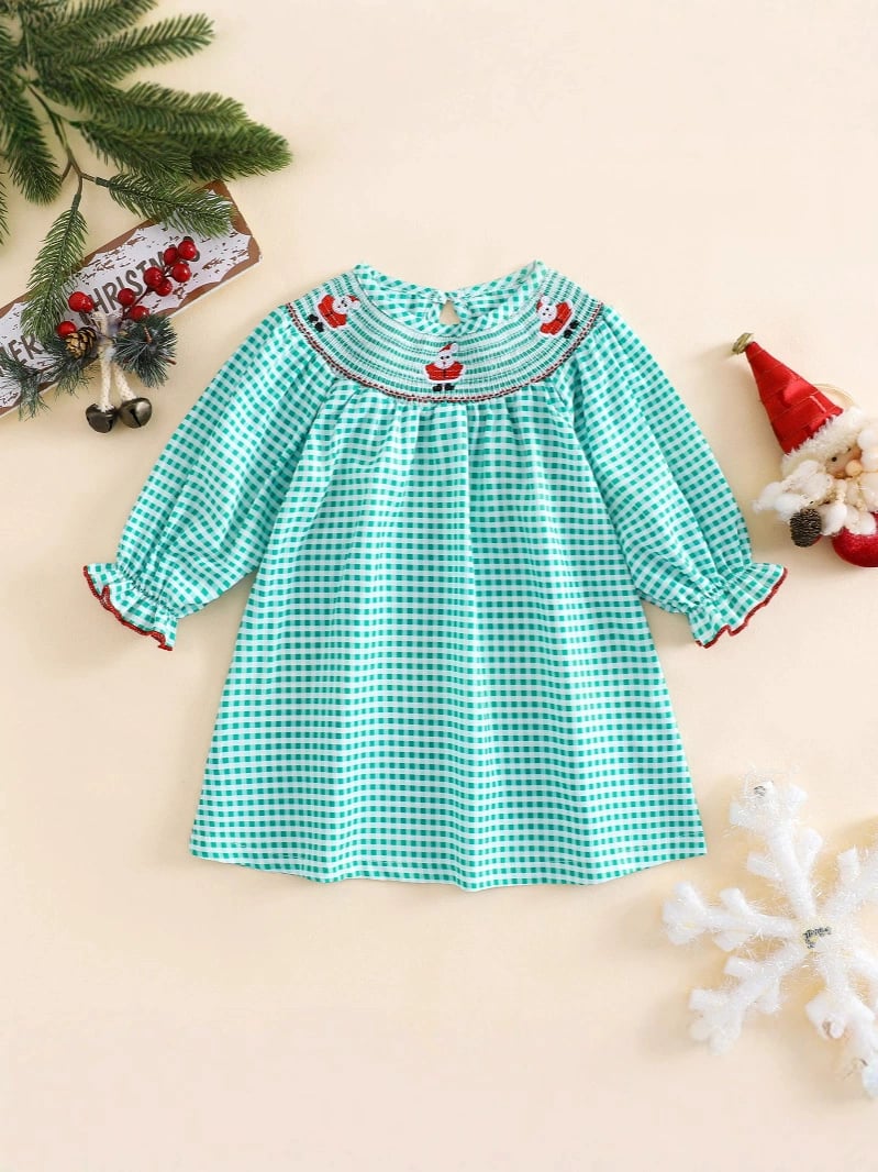 Santa Green Checkered Smocked Dress