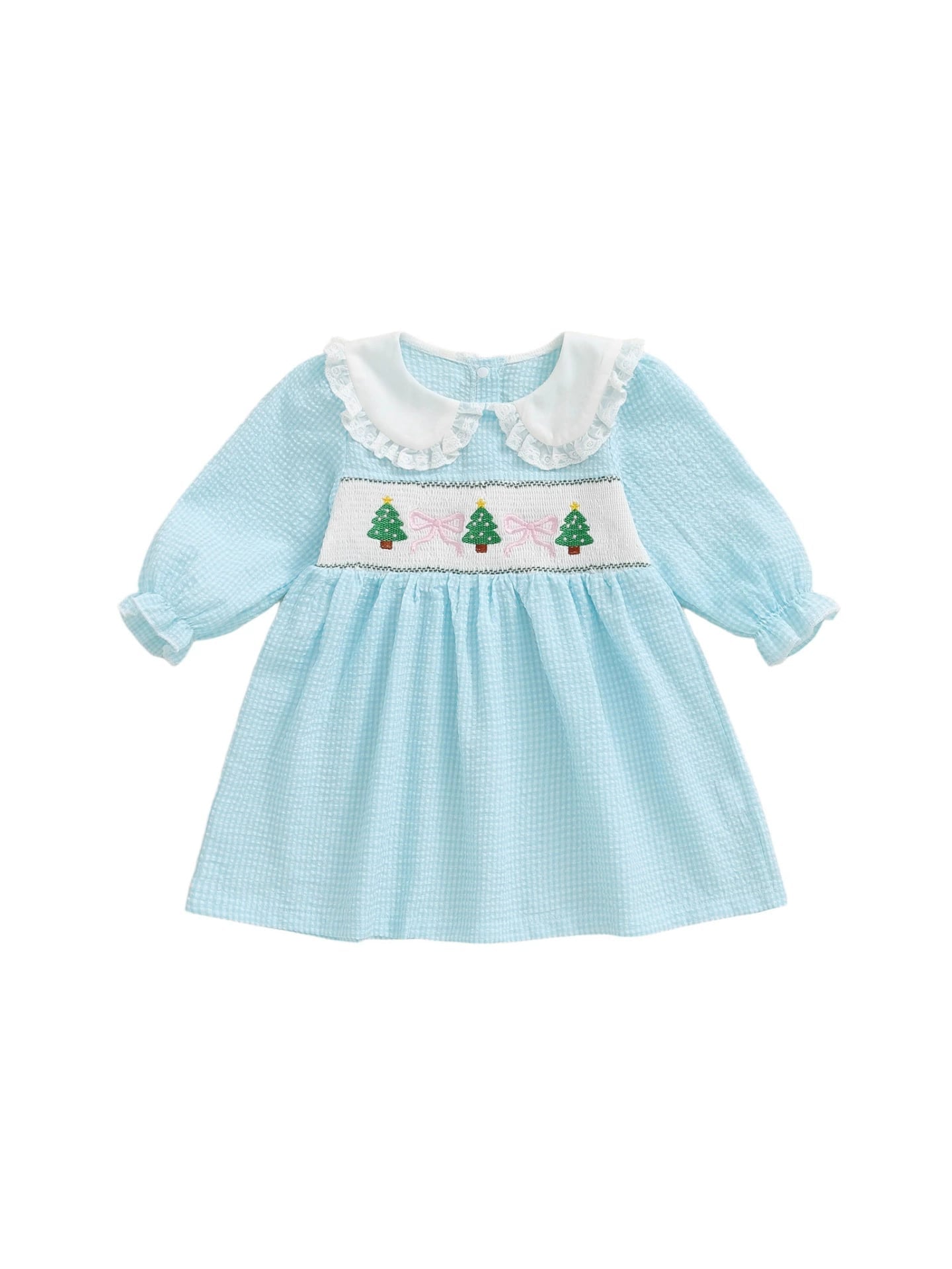 Collared Christmas Tree Bow Smocked Dress