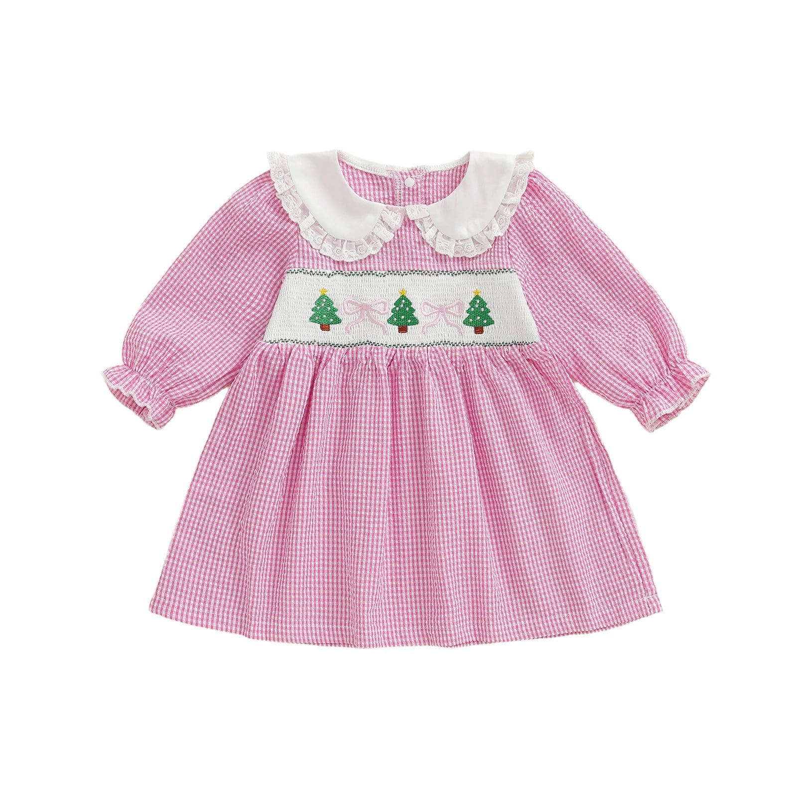 Collared Christmas Tree Bow Smocked Dress