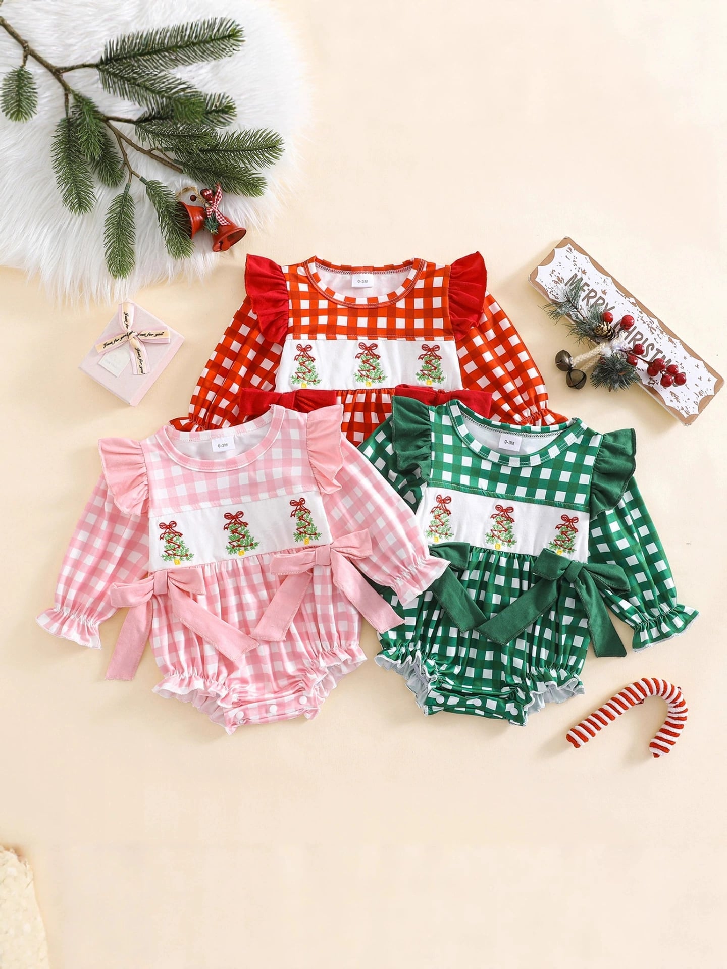 Checkered Christmas Tree Trio Smocked LS Bubble