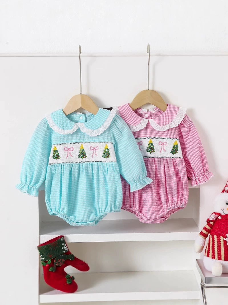 Collared Christmas Tree Bow Smocked LS Bubble