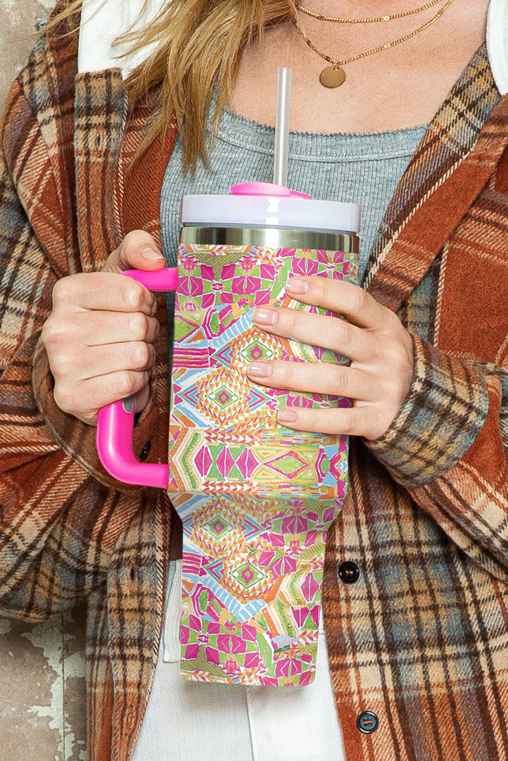 Rose Red Geometric Print Stainless Steel Large Vacuum Cup 40oz