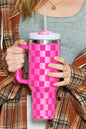 Black Checkered Print Handled Stainless Steel Tumbler Cup