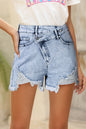 Light Blue Acid Wash Crossed Raw Edge Denim Shorts