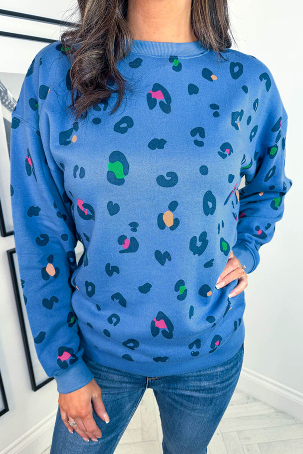 Sky Blue Leopard Drop Shoulder Plus Size Sweatshirt