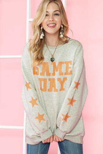 Black Lettering Game Day Print Star Sleeve Sweatshirt