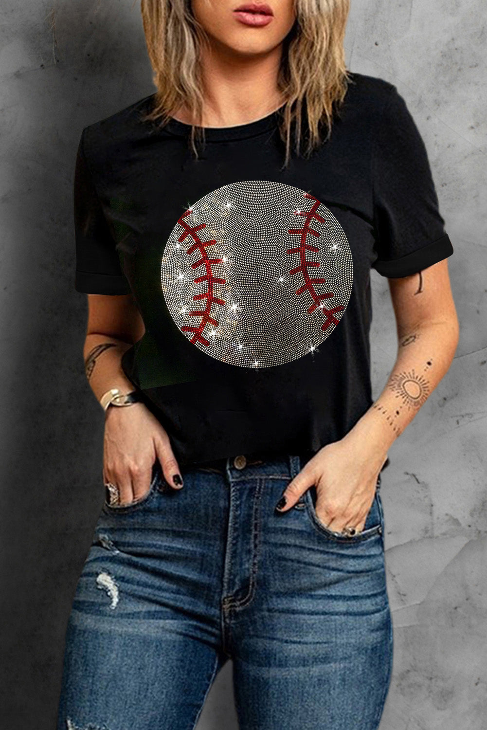 Black Rhinestone Baseball Graphic Round Neck T Shirt