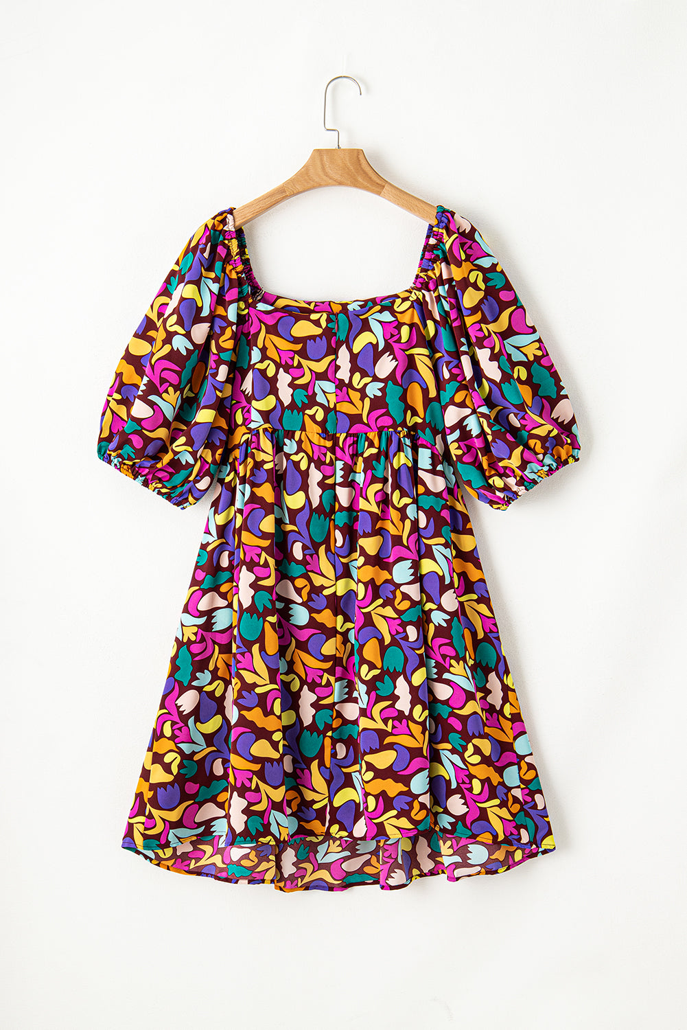 Purple Plus Size Abstract Print Puff Sleeve Short Flare Dress