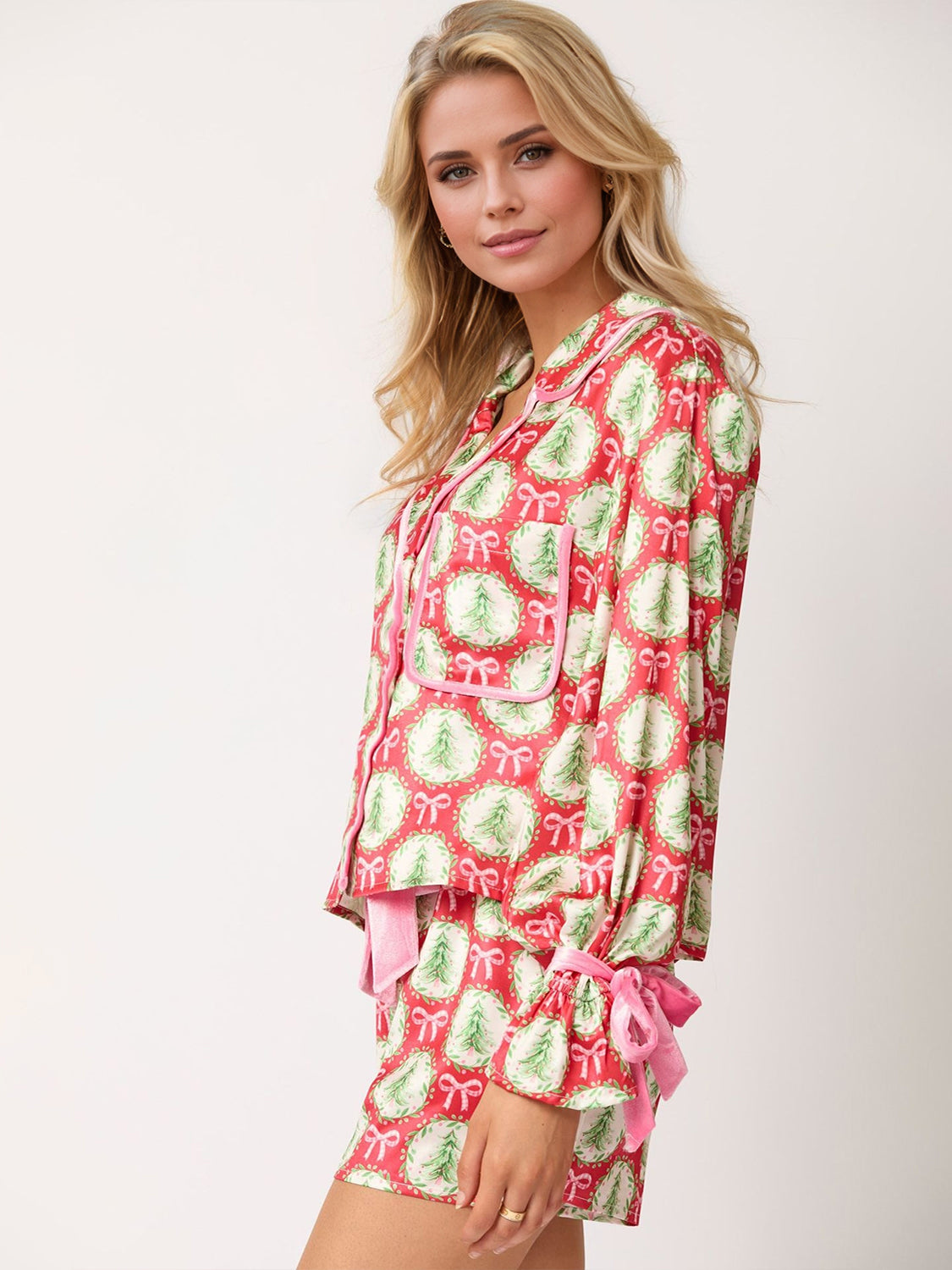 Tied Printed Collared Neck Long Sleeve Top and Shorts Set