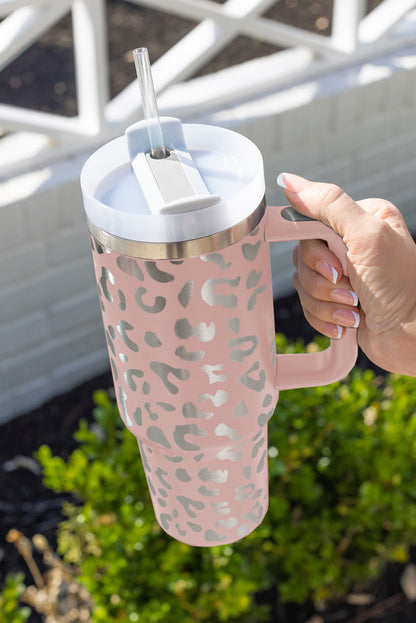 Pink 40oz Stainless Steel Portable Leopard Tumbler Mug With Handle