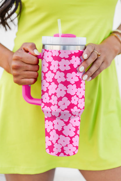 Rose Red Floral Print Stainless Cup with Straw & Lid