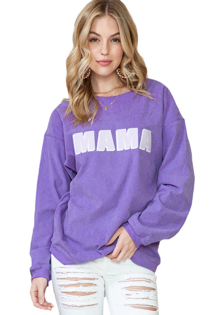 Purple MAMA Ribbed Crew Neck Pullover Sweatshirt