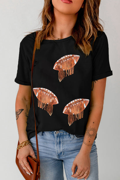 Black Sequin Fringed Rugby Graphic T Shirt