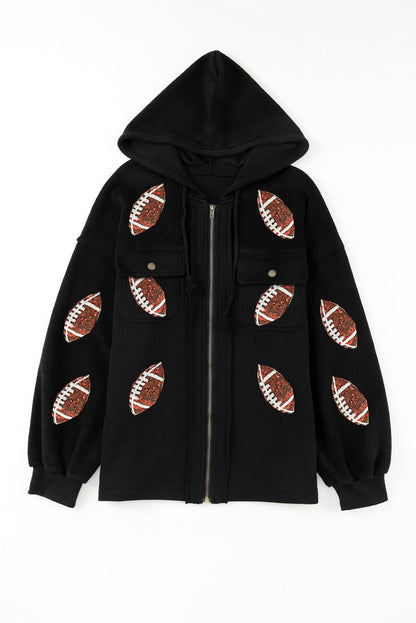 Black Sequined Rugby Graphic Pocketed Zipper Hooded Jacket