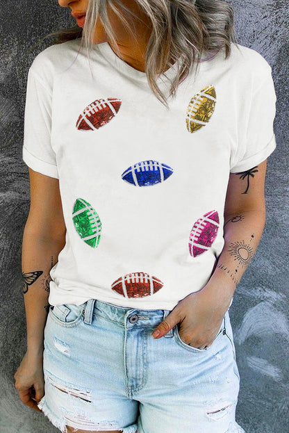 White Sequin Rugby Graphic Crewneck T Shirt