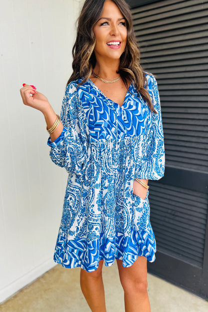 Rose Bohemian Print Lantern Sleeve V Neck Flared Mini Dress