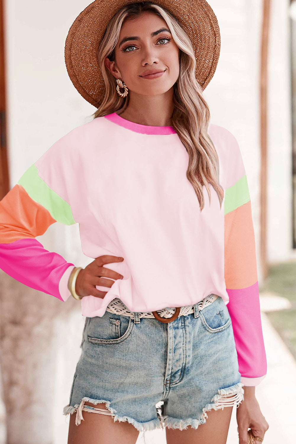 Rose Red Color Block Sleeve Loose Fit Top