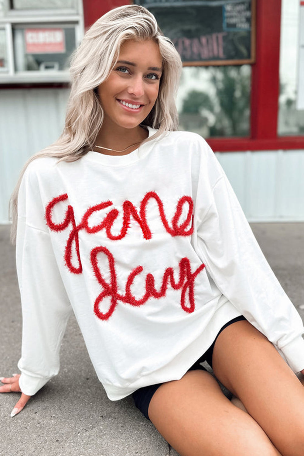 White Tinsel Game Day Drop Shoulder Sweatshirt