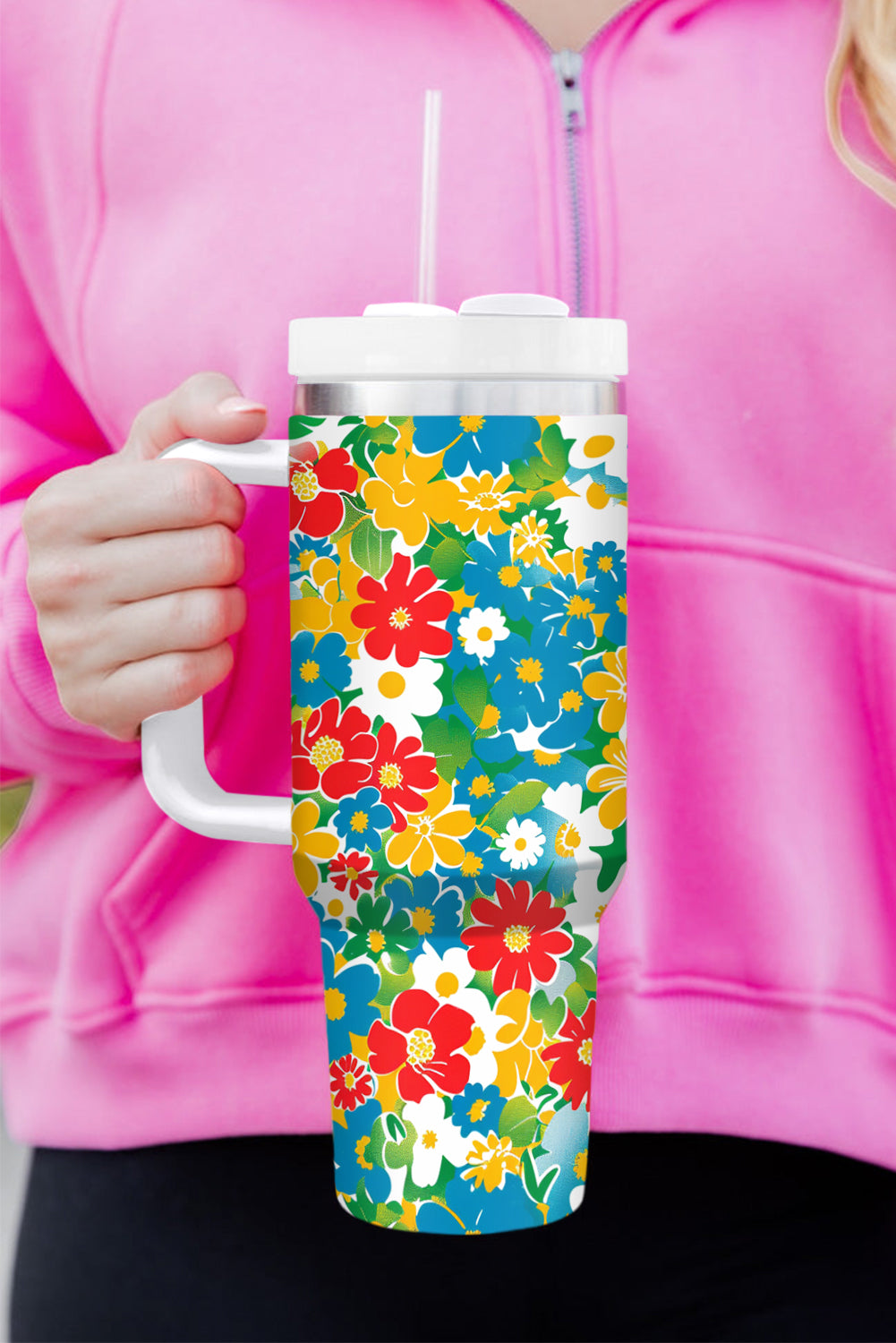 Blue Floral Print Stainless Vacuum Cup with Handle 40oz