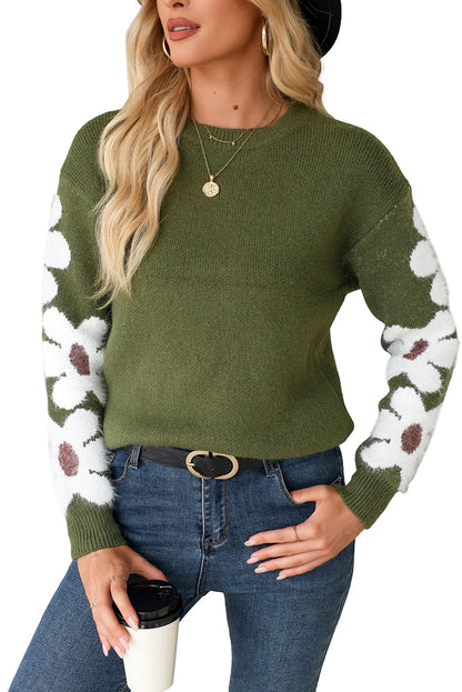 Moss Green Flower Drop Shoulder Sleeve Sweater