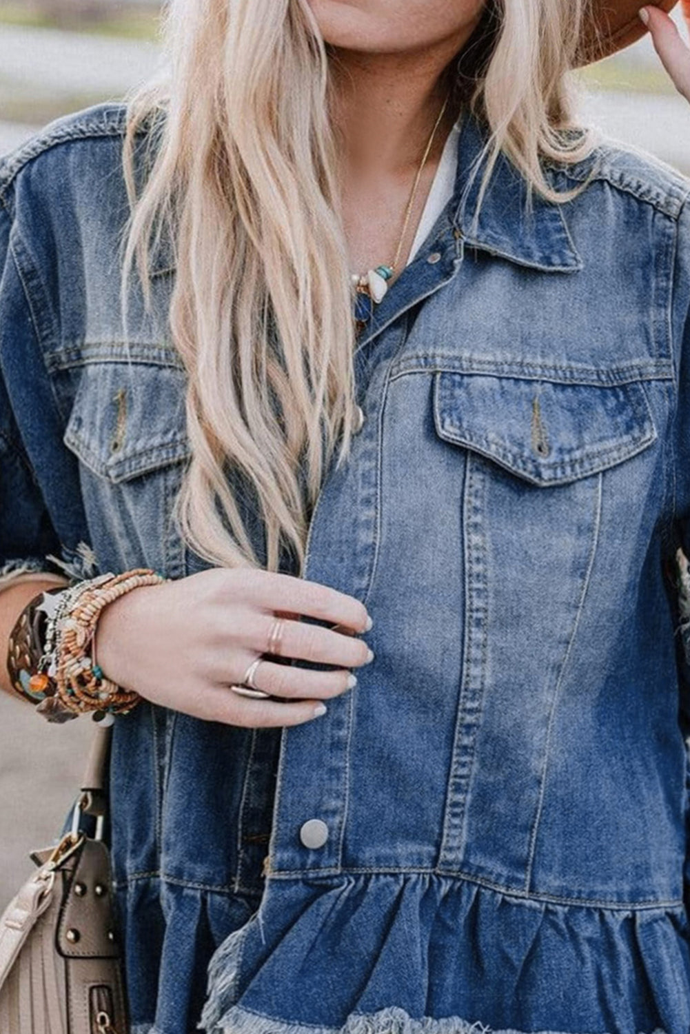 Peacock Blue Ruffle Frayed Hem Short Sleeve Plus Size Denim Jacket