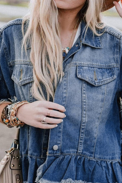 Peacock Blue Ruffle Frayed Hem Short Sleeve Plus Size Denim Jacket