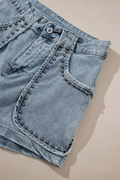 Dusk Blue Studded Acid Wash Denim Shorts