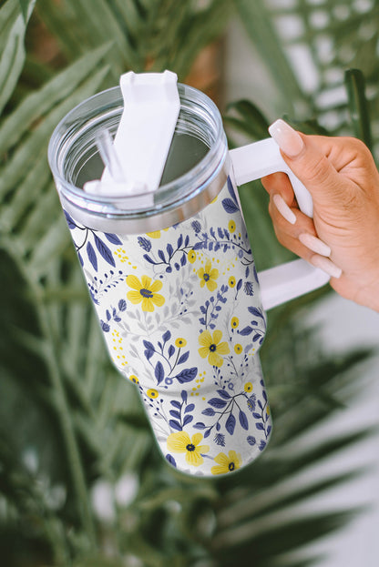 White Flower Print Stainless Handled Large Tumbler 40oz