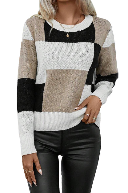 Black Checkered Colorblock Round Neck Knit Sweater