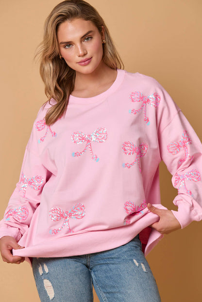 Pink Sequined Bow Graphic Round Neck Drop Sleeve Sweatshirt