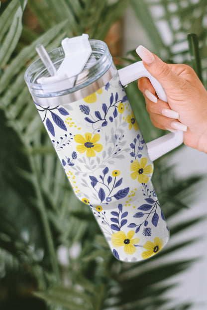 White Flower Print Stainless Handled Large Tumbler 40oz