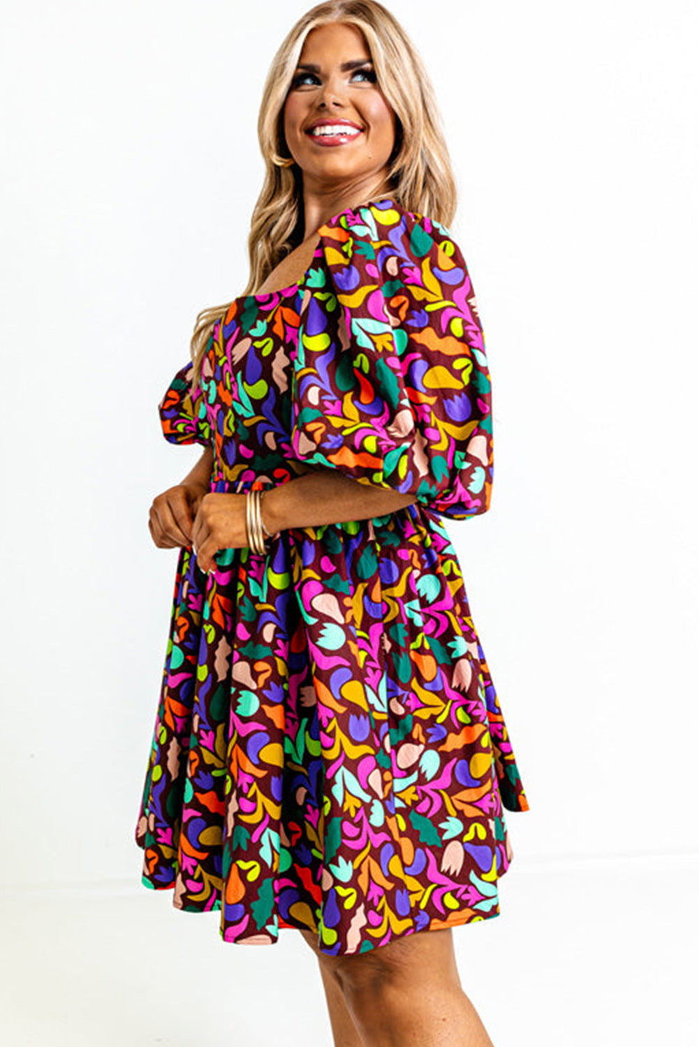 Purple Plus Size Abstract Print Puff Sleeve Short Flare Dress