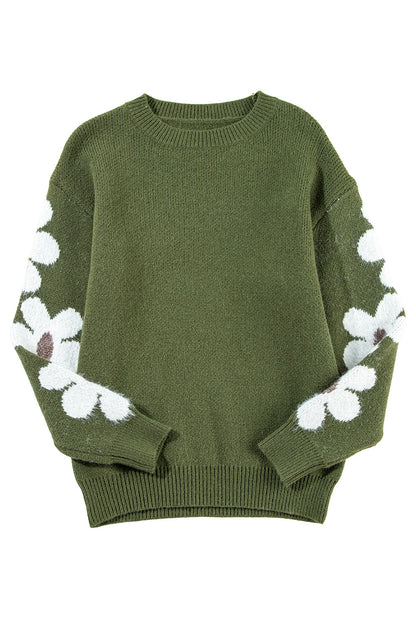 Moss Green Flower Drop Shoulder Sleeve Sweater