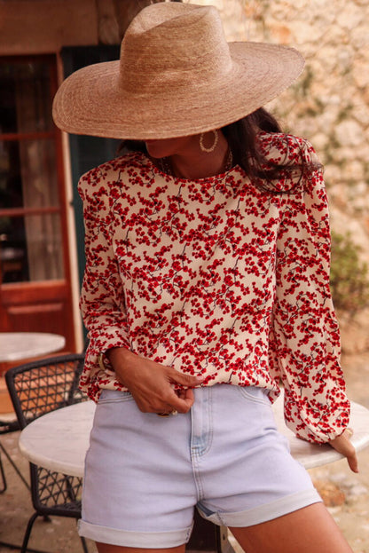 Red Floral Print Backless Puff Sleeve Blouse