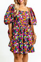 Purple Plus Size Abstract Print Puff Sleeve Short Flare Dress