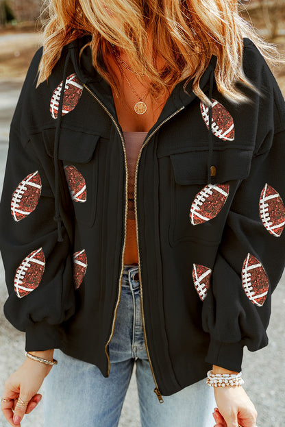 Black Sequined Rugby Graphic Pocketed Zipper Hooded Jacket